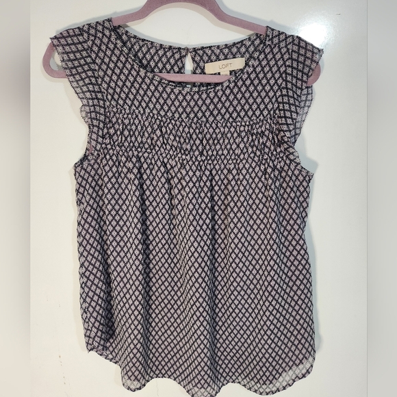 LOFT Black and Lilac Smocked Cap Sleeve Blouse, Size Medium - Picture 1 of 5